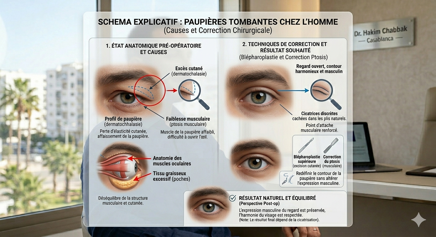 PAUPIÈRES TOMBANTES CHEZ L'HOMME : CAUSES ET CORRECTION CHIRURGICALE
