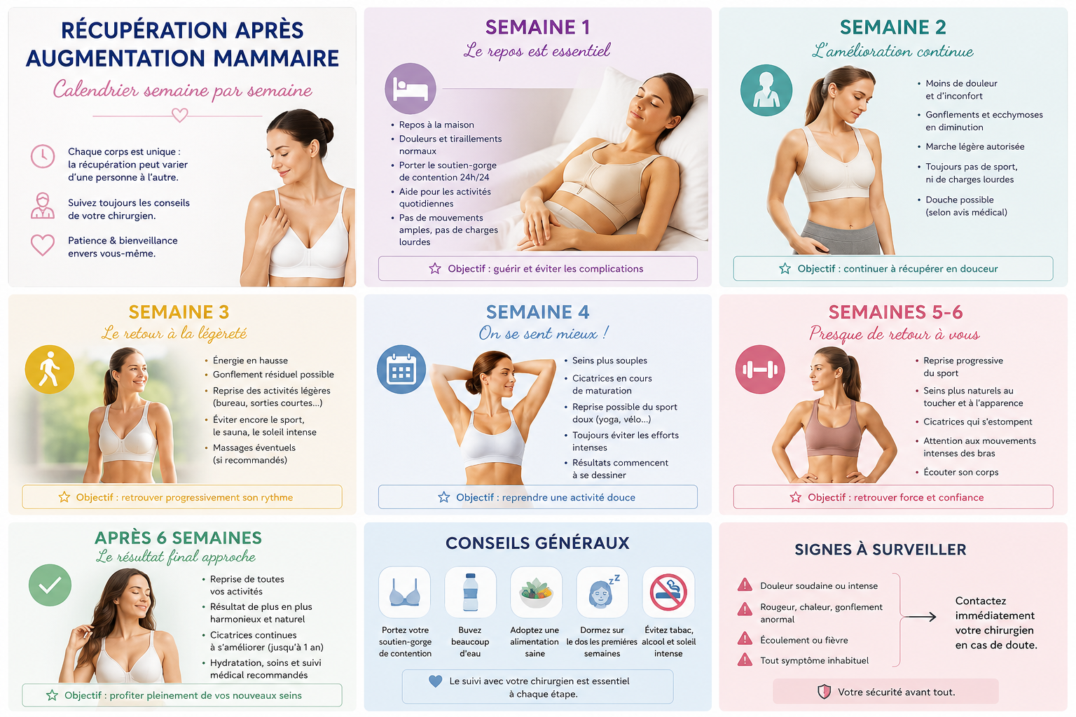 Récupération après augmentation mammaire : calendrier semaine par semaine | Dr Chabbak
